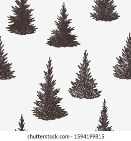 Hand drawn spruce trees seamless pattern, vector background with fir trees