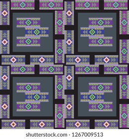 Hand drawn square batik tribal motifs pattern background with violet colors vintage style.