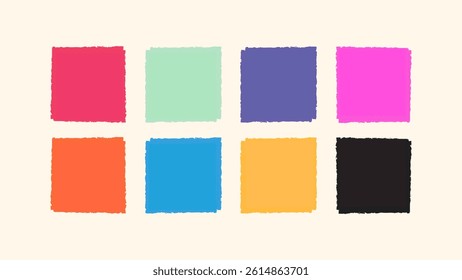 Hand drawn square brushstroke shape, grunge frame set. Stamp style rectangle, oval paint texture line. Rough box border element, square text frame. Vector illustration.