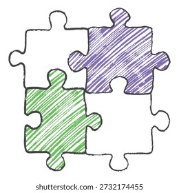 Hand drawn square of four jigsaw puzzle pieces in purple, green, and black sketch style. Vector sketch illustration in vintage crayon charcoal style