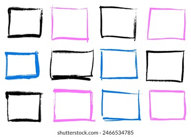 Línea de marco cuadrado dibujado a mano con bordes de grunge aislados sobre fondo blanco. Colección de rectángulos de tinta de dibujos animados marco cuadrado para seleccionar texto.