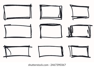 Hand drawn square frame line with grunge edges isolated on white background. Collection of cartoon ink rectangles square frame for selecting text.