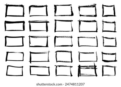 Hand drawn square frame line with grunge edges isolated on white background. Collection of cartoon ink rectangles square frame for selecting text.