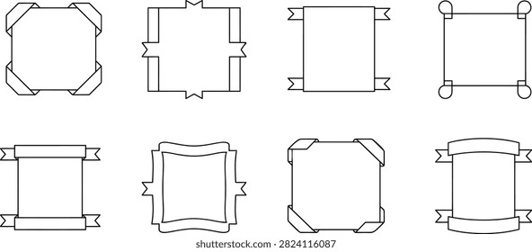 Hand drawn square frame and ribbon banner set with eight sketch style designs for creative layouts