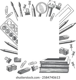 Hand drawn square frame with school supplies and tools. Isolated objects for education. Books, pen, pencil, watercolor paints, brush, eraser, clip, ruler, button. Back to school. Illustration vector