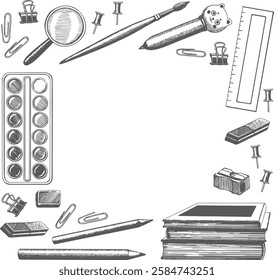 Hand drawn square frame school supplies tools. Back to school. Isolated objects for education: books, pen, pencil, watercolor paints, brush, eraser, clip, ruler, button. Illustration vector elements