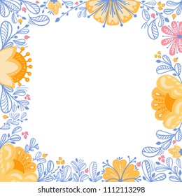 Hand drawn square frame with yellow, pink flowers and grass. Botanical vector illustration with isolated elements. Card, wedding decoration, print template.