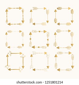 Hand drawn square frames with arrows. Golden rectangular borders. Vector isolated illustration.