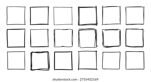 Hand drawn square frames. Doodle line square frame. Vector borders grunge template set. Vector illustration