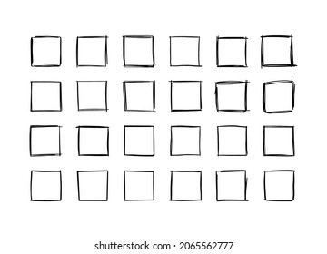 Hand drawn square frames in sketchy style. Rectangular handdrawn grungy borders. Vector illustration of pencil outline stroke framework box. Collection of doodle school draft frames.