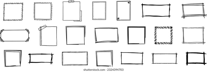 Hand drawn square frames in sketchy style. Rectangular handdrawn grungy borders. Doodle frames. Vector illustration