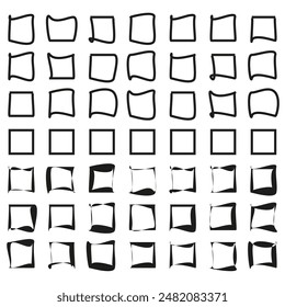 Hand drawn square icons. Abstract geometric shapes. Black and white vector. Creative frame set.