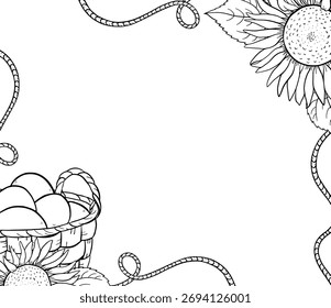 Marco de tinta cuadrado dibujado a mano con cuerdas, girasol, huevos en cesta tejida, ilustración del campo. Suave ilustración rústica perfecta para el embalaje de productos ecológicos, proyectos agrícolas o invitación al campo