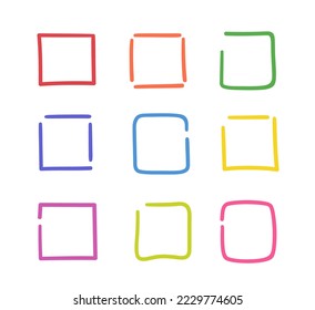 Cuadrado dibujado a mano. Dibujo de línea. Marcos geométricos esquemáticos. Cuadros coloreados dibujados a mano. Arte a mano alzada. Ilustración colorida