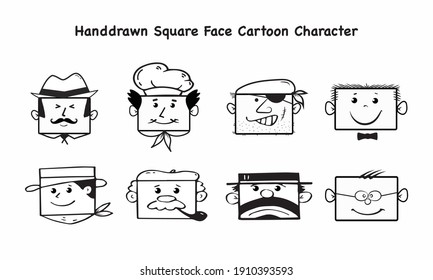 Hand Drawn Square Male Face Cartoon Character, Vector Illustration