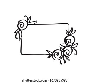 Hand drawn square minimalistic frame with flowers spring rose. Vector floral design elements for invitation, greeting card, scrapbooking, poster with place for text. Vintage decor.