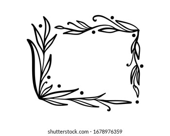 Hand drawn square minimalistic frame with spring leaves. Vector floral design elements for invitation, greeting card, scrapbooking, poster with place for text. Vintage decor.