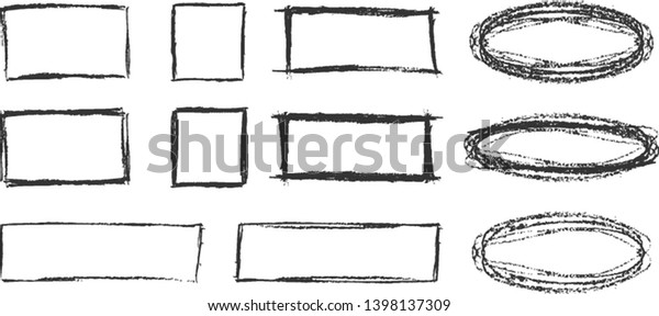 Hand drawn\
square and oval pencil scribble frames set. Edge torn box\
background. Vector isolated\
illustration.