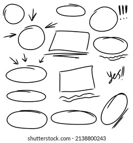 Hand drawn square oval rectangle frame highlight arrow set. Doodle highlight square and arrow. Marker sketch. Highlighting text and important objects. Rectangle scribble frames. Vector illustration