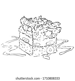 Hand drawn square piece of layered cake with icing and shavings, marshmallows and peanuts, sketch style vector illustration isolated on white background. Realistic hand drawing of piece, slice of cake