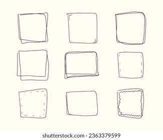 Formas de marco cuadrado y rectangular dibujadas a mano. Bordes de doodle de dibujos animados establecidos. Ilustración vectorial negra aislada en fondo blanco