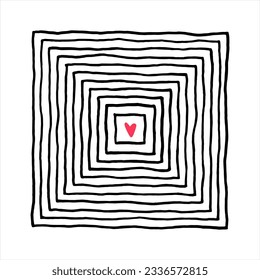 Hand drawn square, rhombus shape made of uneven doodle linear concentric squares with heart in center. Brush, marker drawn frames, borders template. Creative background, print design.