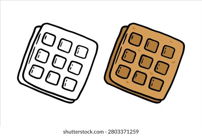 Hand drawn square waffle illustration featuring line art and colored versions on white