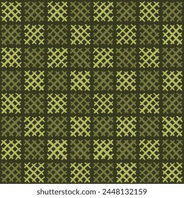 hand drawn squares of crisscrossed stripes. decorative art. green repetitive background. vector seamless pattern. geometric fabric swatch. wrapping paper. design element for textile, linen, home decor