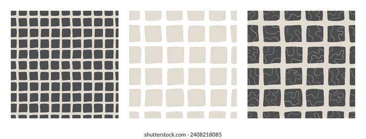 Hand drawn squares grid seamless vector pattern tile set. Collection of background textures