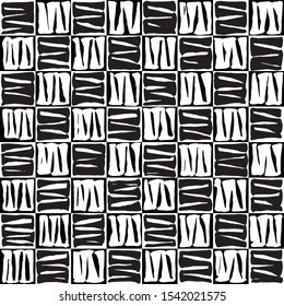 Hand drawn squarish scribbled marks creating grid like, chess board like  modern pattern
