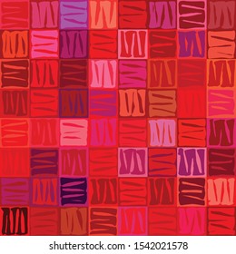 Hand drawn squarish scribbled marks creating grid like, reddish modern pattern