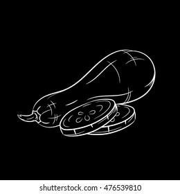 Hand drawn squash sketch isolated on black background. Organic food. Vector engraved illustration