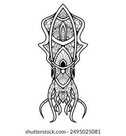 Hand drawn of squid in zentangle style