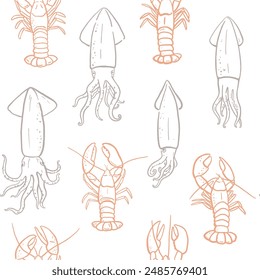 Hand drawn squids and lobsters seamless pattern