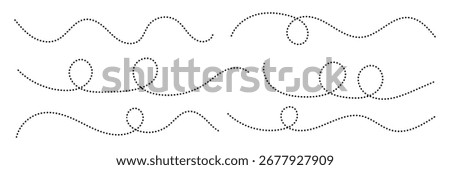 Hand drawn squiggle dotted lines. Hand sketched curly border. Minimalist looping squiggle line collection. Decorative swirl and border element. Dotted spiral curvy line.