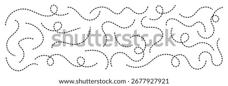 Hand drawn squiggle dotted lines. Hand sketched curly border. Minimalist looping squiggle line collection. Decorative swirl and border element. Dotted spiral curvy line.