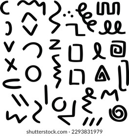 Hand drawn squiggle scribble set. Simple signs and symbols ink collection. Design elements doodle style bundle. Isolated, vector illustration