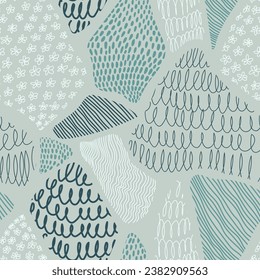 Hand drawn squiggles, waves, lines, dots and flowers collected in patchwork style seamless vector pattern.