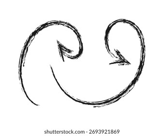 Hand drawn squiggly chalk arrow. Crayon scribble line, swirl arrow. Doodle black marker or charcoal drawing. Direction pointer. Perfect for infographics, presentations, banners