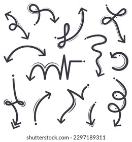 Hand drawn squiggly doodle lined arrows and accent set vector graphics