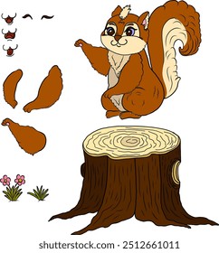 Hand drawn squirrel illustration art set for cutout animation on white background.squirrel vector for doodle or coloring book.clip art.