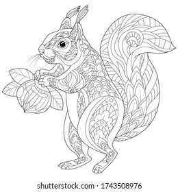 Hand drawn squirrel. Sketch for adult anti-stress coloring in the style of zen-ball. Vector illustration for coloring page or print on t-shirt.