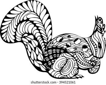 Hand drawn squirrel zentangle style for coloring book, tattoo, t-shirt design, logo