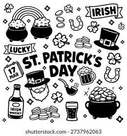 Hand drawn St Patrick’s Day doodle set with Irish symbols, leprechaun, clover, beer, pot of gold and lucky elements in black and white vector illustration.