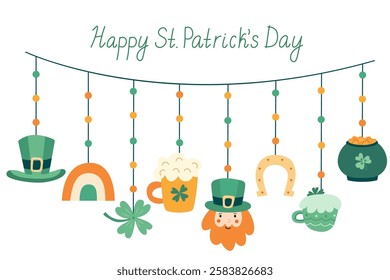 Hand drawn St. Patrick’s Day garland with a leprechaun hat, beer mug, pot of gold, rainbow, shamrock, and festive lettering. Great for greeting cards, posters, invitations, and party decorations.