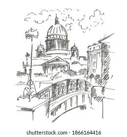 Hand drawn St. Isaac's Cathedral across Moyka river, Saint-petersburg, Russia. Vector illustration. Sketch.
