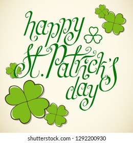 Hand drawn St. Patrick's day greeting card. Irish holiday festival traditional vector illustration. Green clover shamrock leaves, beige background.