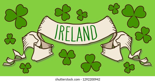 Hand drawn St. Patrick's day greeting card. Irish holiday festival traditional vector illustration. Clover shamrock leaves and vintage ribbon banner over green background.