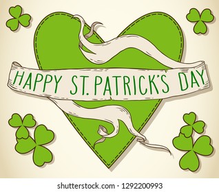 Hand drawn St. Patrick's day greeting card. Irish holiday festival traditional vector illustration. Green heart, vintage ribbon banner, clover shamrock leaves over beige.