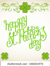 Hand drawn St. Patrick's day greeting card. Irish holiday festival traditional vector illustration. Green clover shamrock leaves, beige background.